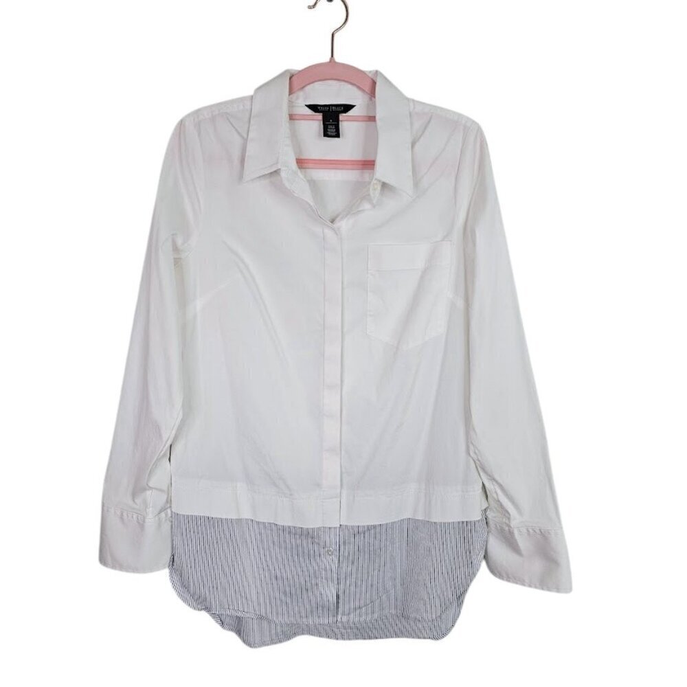 WHITE HOUSE BLACK MARKET Button Up Down Shirt size 8 WHITE w NAVY BLUE Preppy